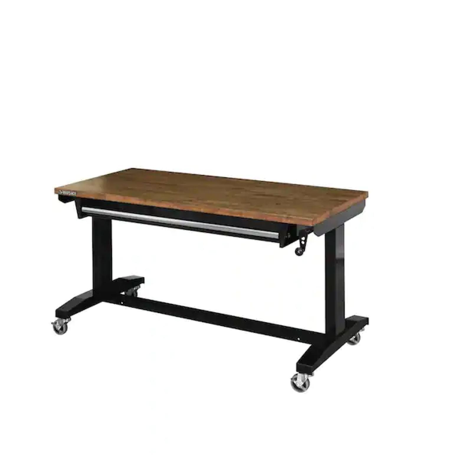 DALLAS LOCATION - Husky 52 in.W x 24 in. D Steel 1-Drawer Adjustable Height Workbench with Dark Stained Wood Top in Gloss Black