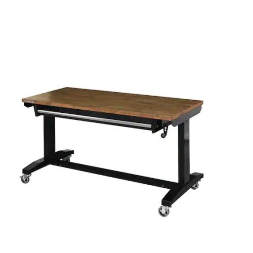 DALLAS LOCATION - Husky 52 in.W x 24 in. D Steel 1-Drawer Adjustable Height Workbench with Dark Stained Wood Top in Gloss Black