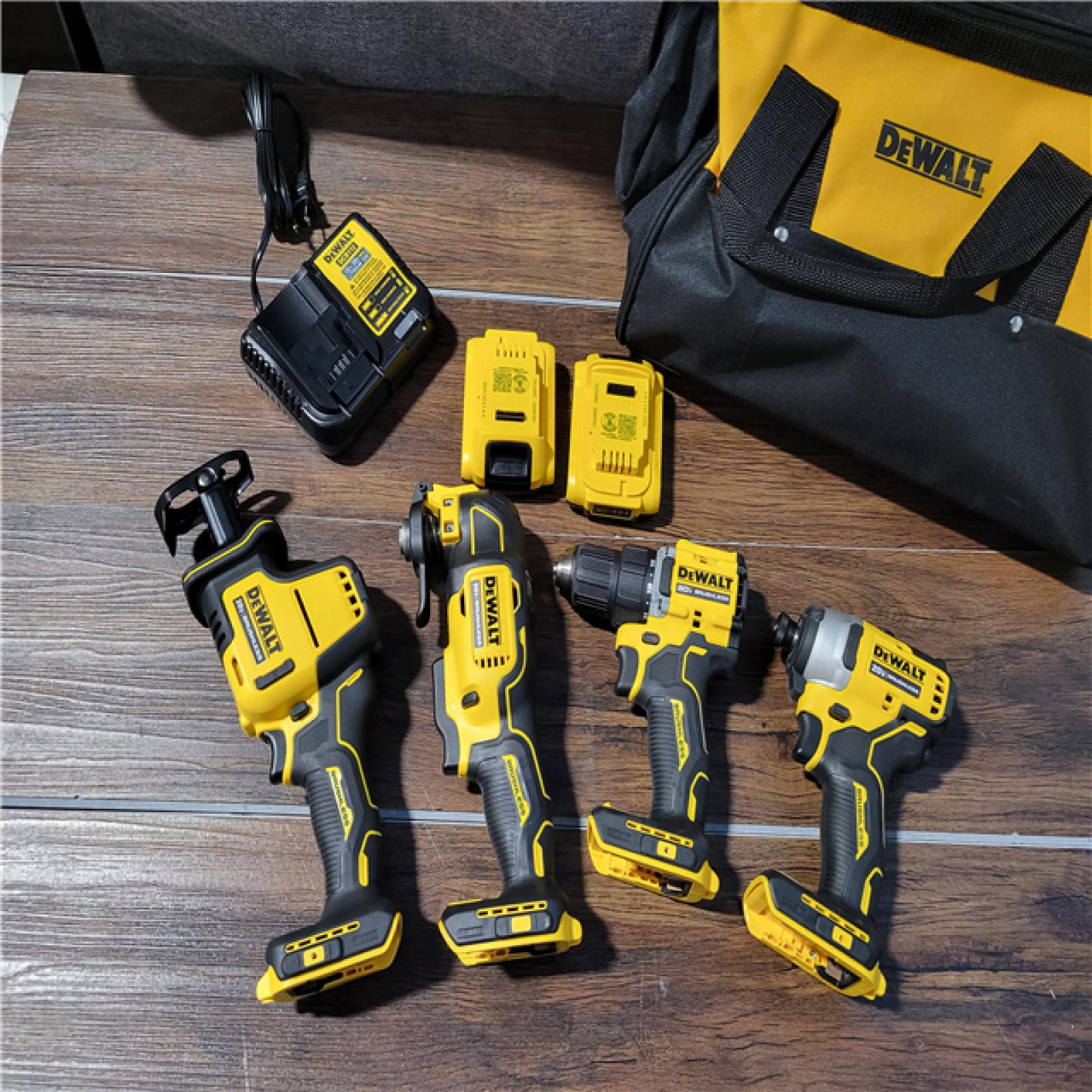 California As-Is Dewalt Brushless 4-Tool Combo Kit (Battery,Charger, and Tool Bag Included)