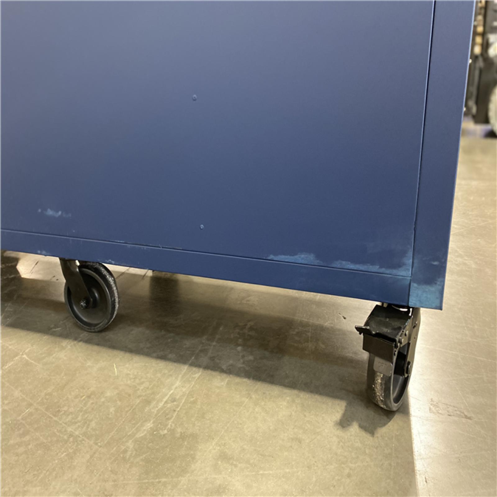 DALLAS LOCATION - Husky Tool Storage 72 in. W Heavy Duty Matte Blue Mobile Workbench Cabinet Adjustable Height Solid Wood Top