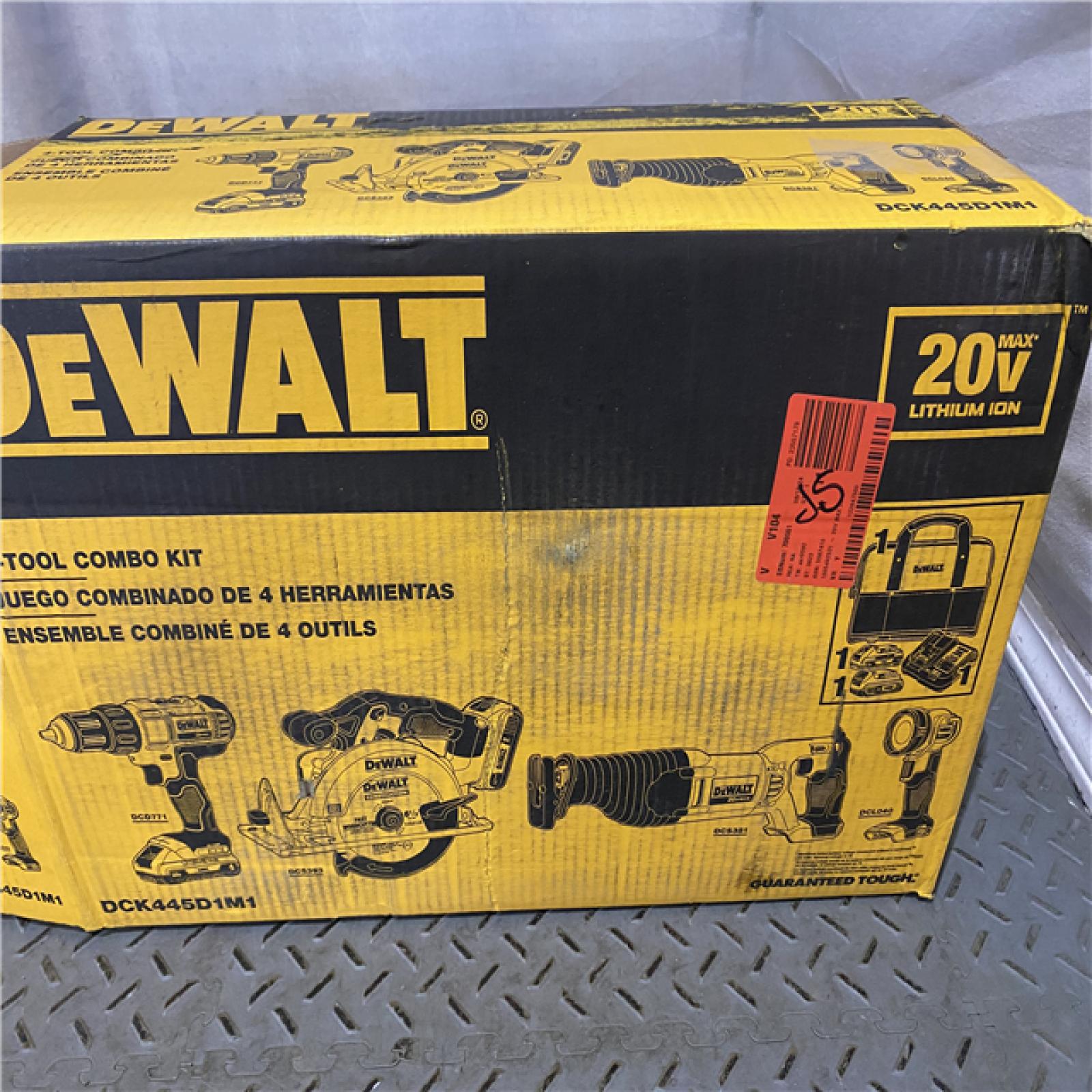 Houston location AS-IS DEWALT 20V MAX Cordless 4 Tool Combo Kit with (1) 20V 4.0Ah Battery, (1) 20V 2.0Ah Battery, and Charger