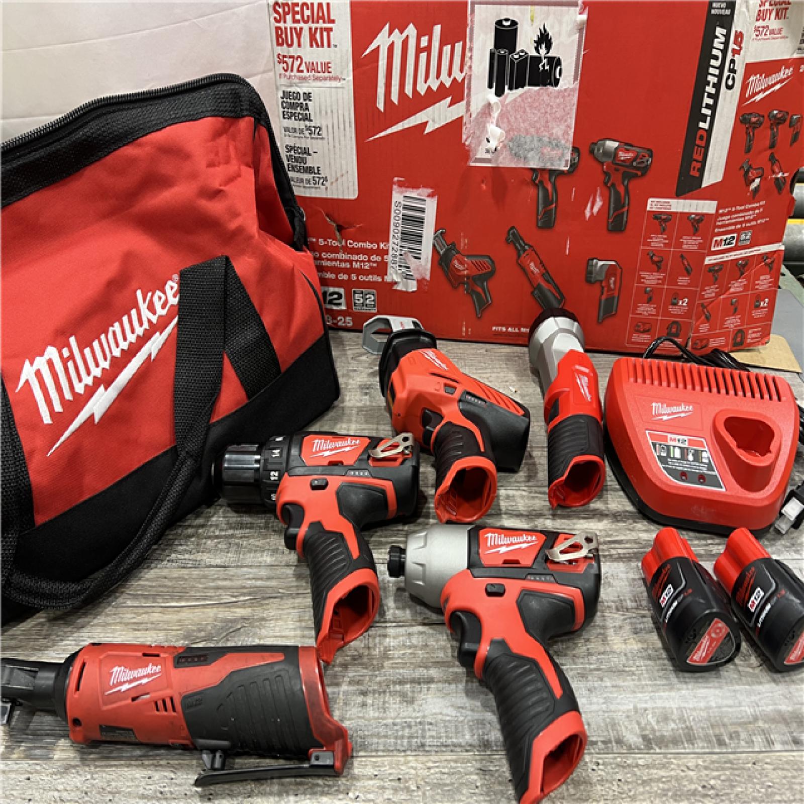 AS-IS MILWAUKEE M12 12V Lithium-Ion Cordless Combo Kit (5-Tool) with Two 1.5Ah Batteries, Charger & Tool Bag