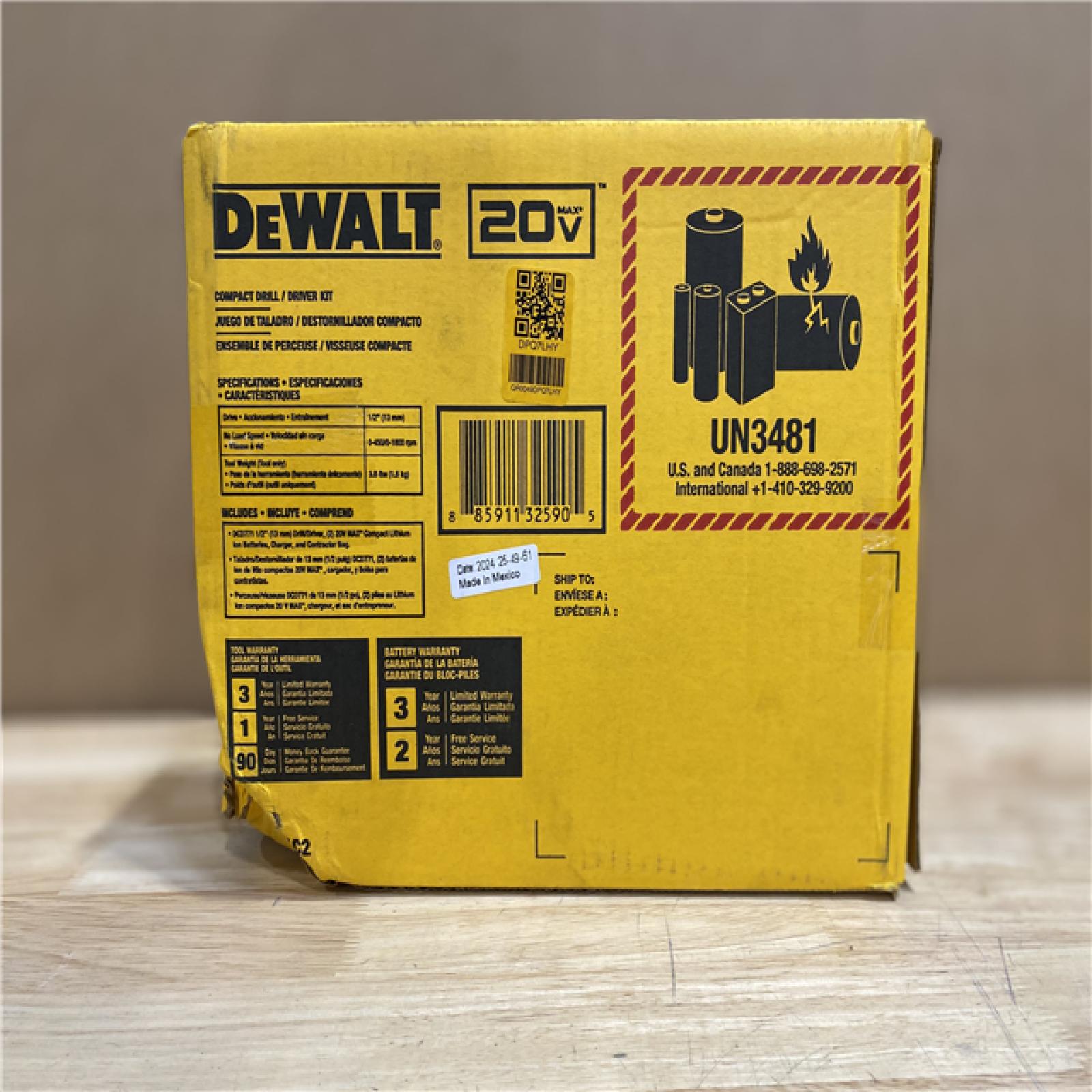 NEW! - DEWALT 20V MAX Cordless 1/2 in. Drill/Driver, (2) 20V 1.3Ah Batteries, Charger and Bag