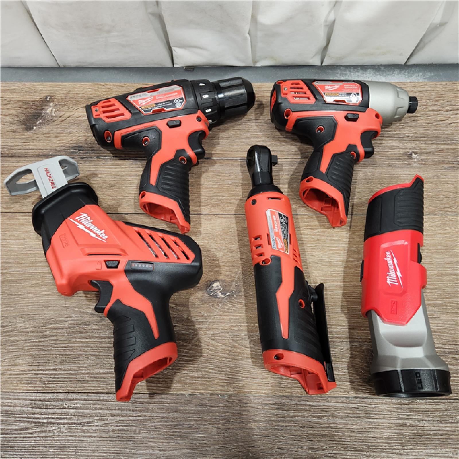 AS-IS MILWAUKEE M12 12V Lithium-Ion Cordless Combo Kit (5-Tool) with Two 1.5Ah Batteries, Charger & Tool Bag