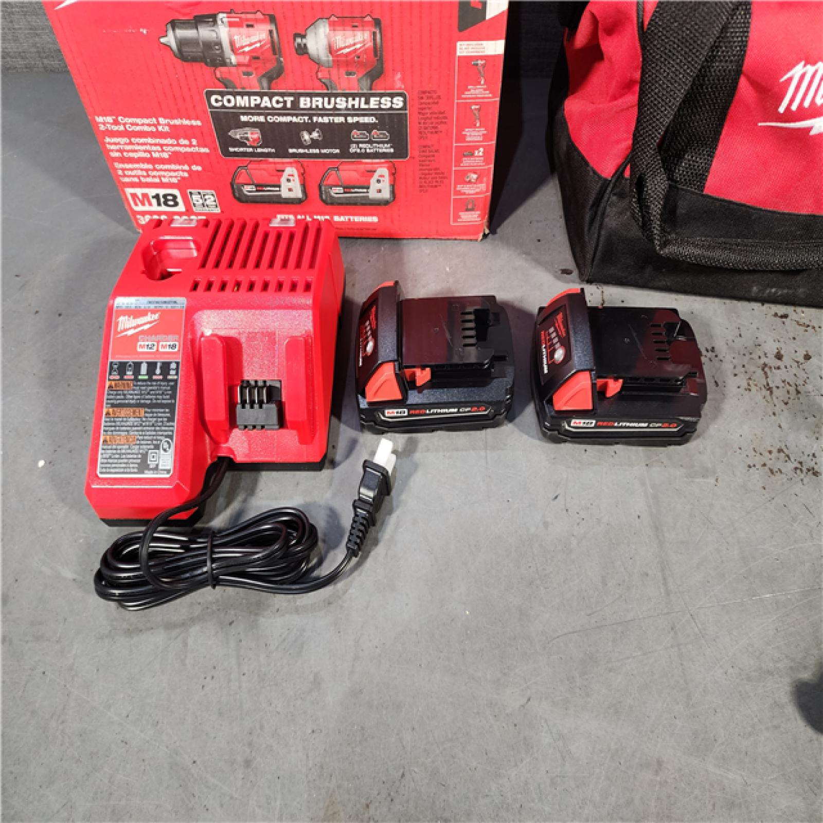 HOUSTON LOCATION - AS-IS M18 18V Lithium-Ion Brushless Cordless Compact Drill/Impact Combo Kit (2-Tool) W/(2) 2.0 Ah Batteries, Charger & Bag