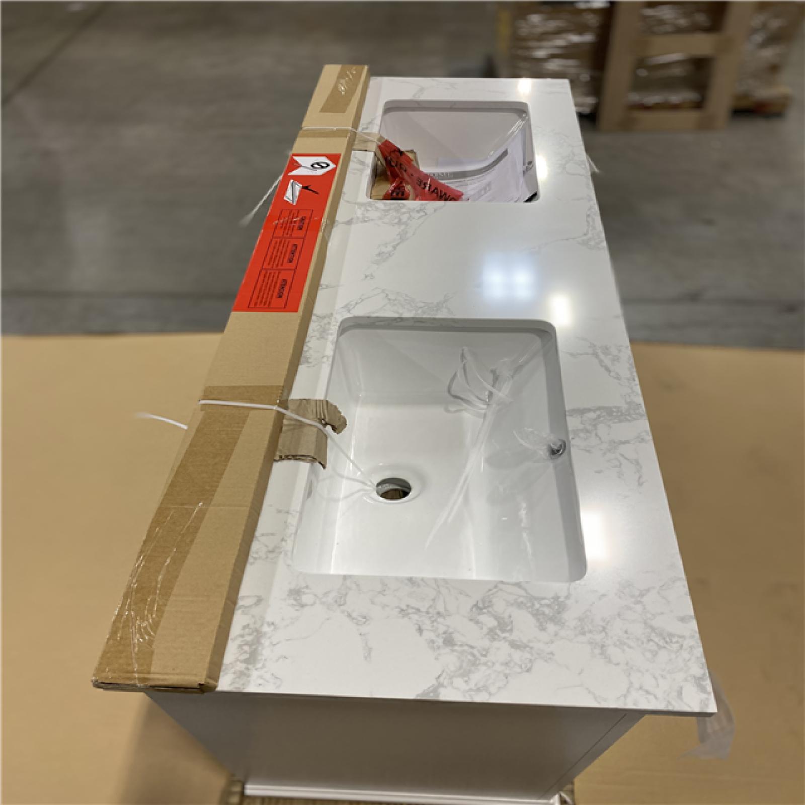 DALLAS LOCATION - Home Decorators Collection Doveton 60 in. Double Sink Freestanding White Bath Vanity with White Engineered Marble Top (Assembled)