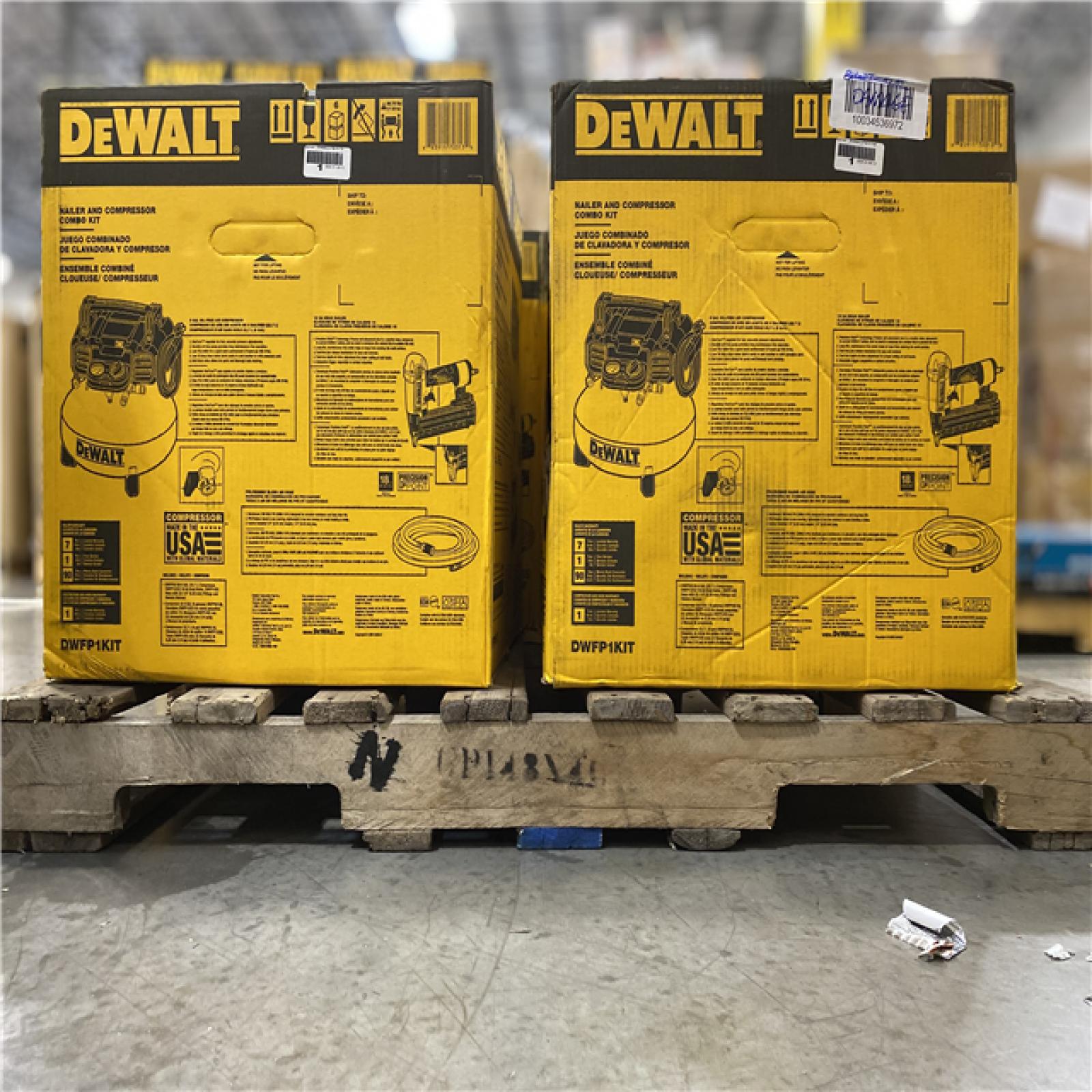 DALLAS LOCATION - NEW! DEWALT 6 Gal. 18-Gauge Brad Nailer and Heavy-Duty Pancake Electric Air Compressor Combo Kit PALLET -(4 UNITS)