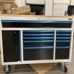 DALLAS LOCATION - Limited Edition 61 in. W x 23 in. D 11-Drawer White Mobile Workbench Cabinet with Solid Wood Top