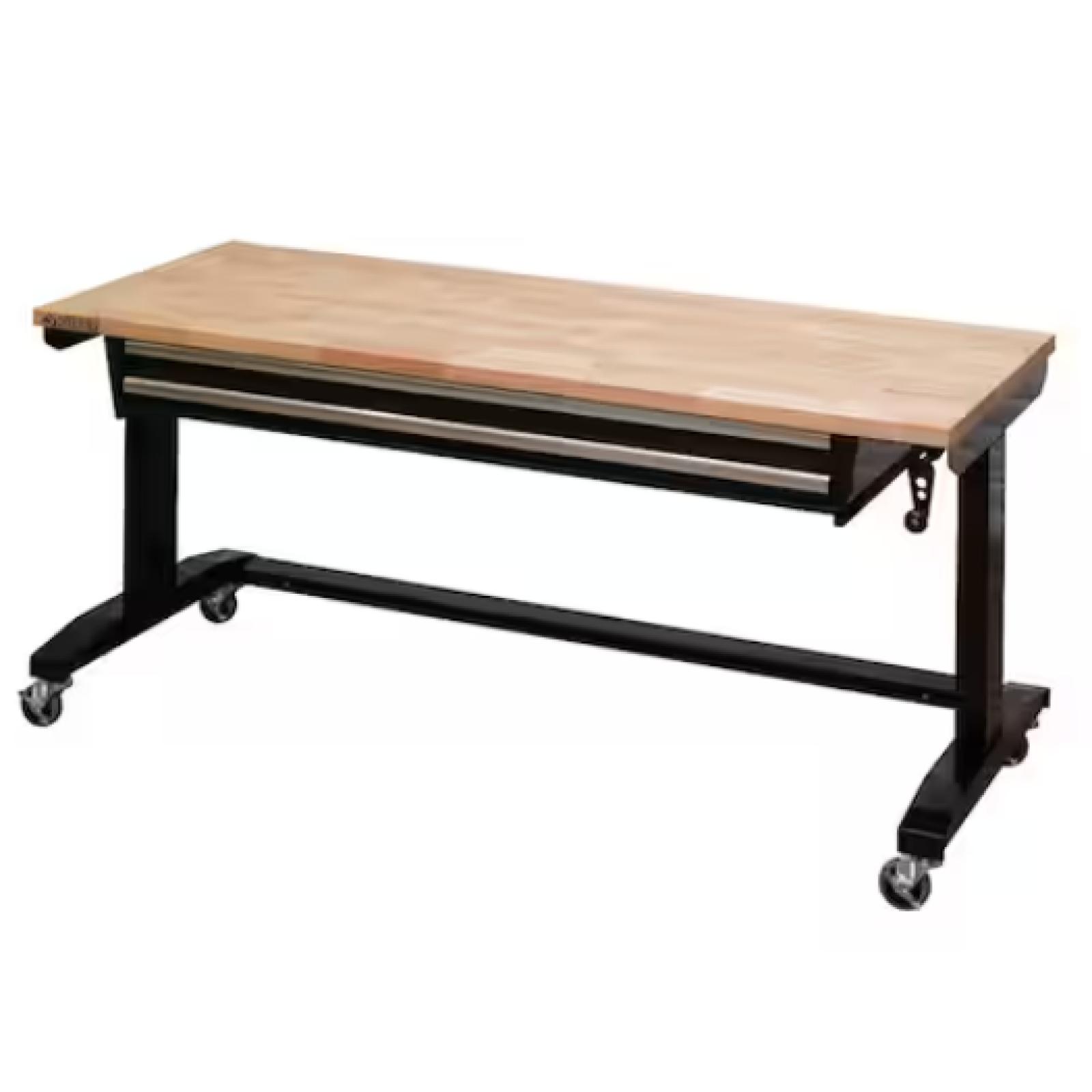 DALLAS LOCATION-  Husky 62 in. W x 24 in. D 2-Drawer Adjustable Height Black Workbench Table with Solid Wood Top