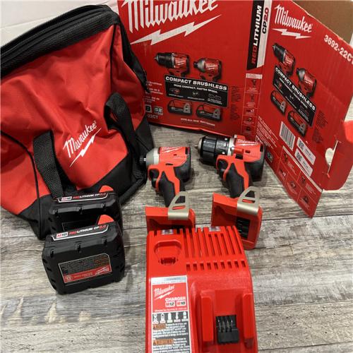 AS-IS MILWUKEE M18 18V Lithium-Ion Brushless Cordless Compact Drill/Impact Combo Kit (2-Tool) W/(2) 2.0 Ah Batteries, Charger & Bag