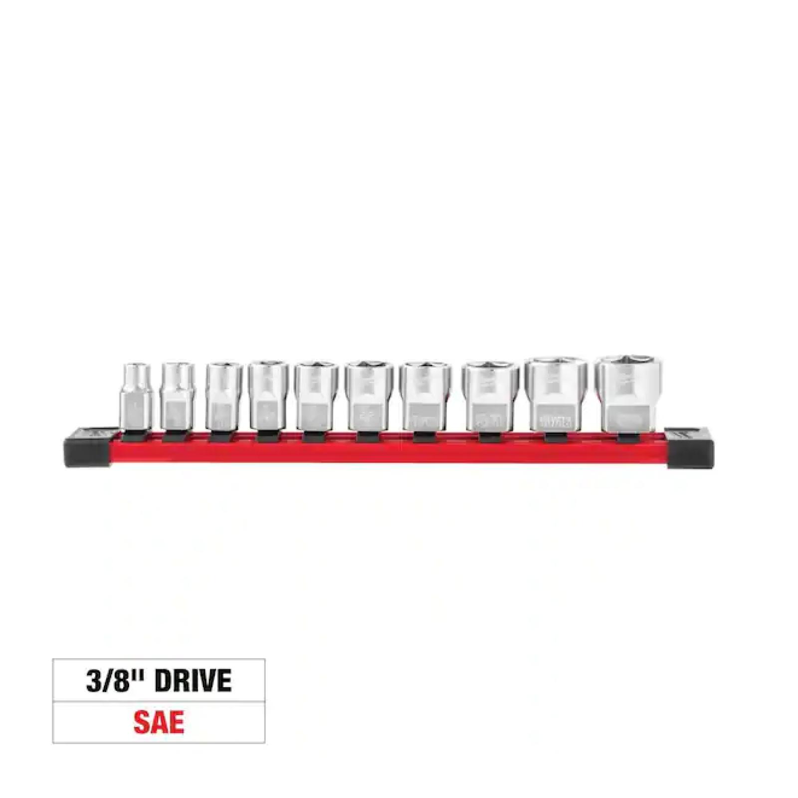 NEW! - Milwaukee 3/8 in. SAE Low Profile 6-Point Socket Set with FOUR FLAT Sides (10-Piece) - (18 UNITS)