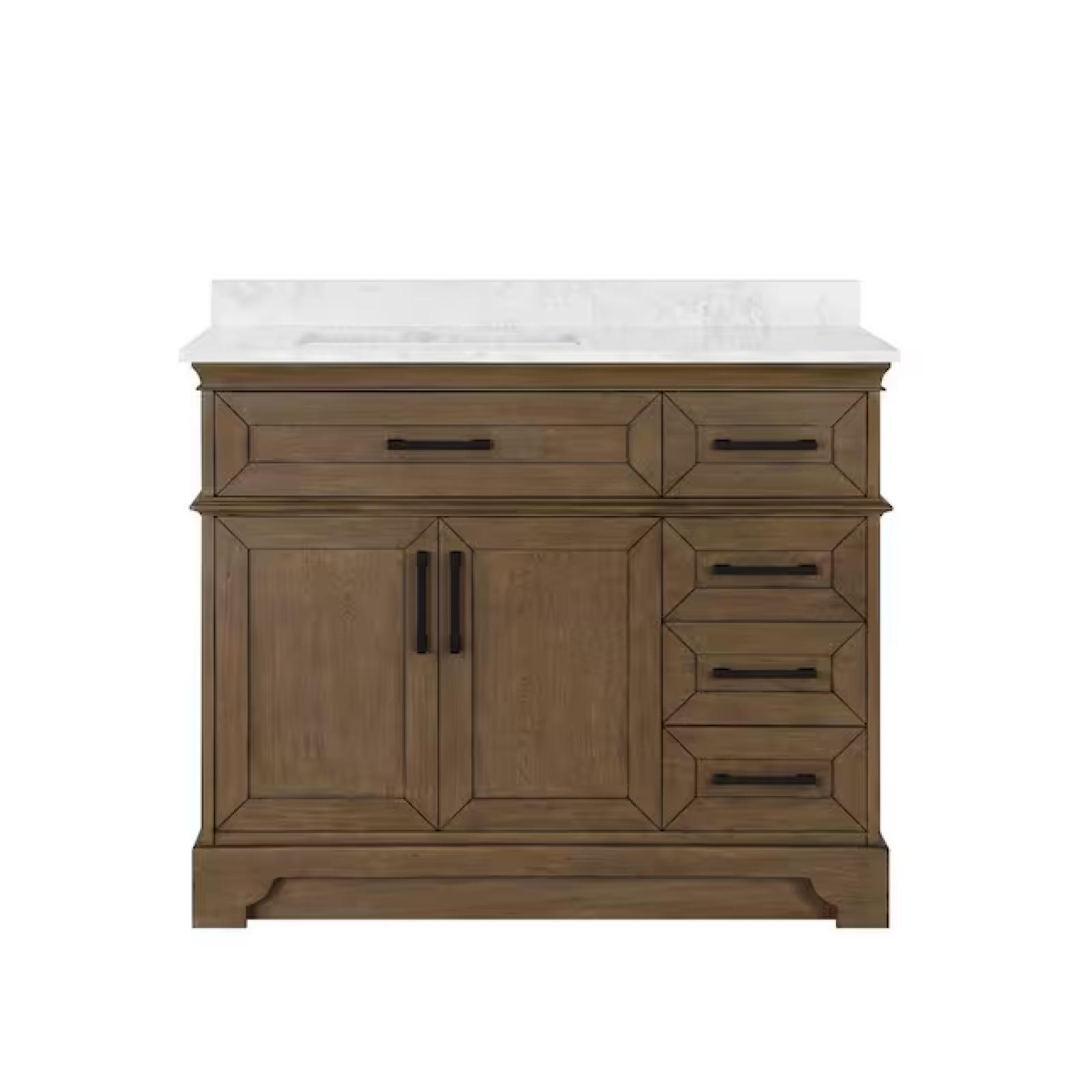 DALLAS LOCATION - Home Decorators Collection Cherrydale 42 in. Single Sink Almond Latte Bath Vanity with White Engineered Marble Top (Assembled)