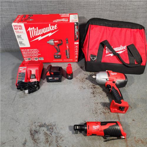 HOUSTON LOCATION - AS-IS (APPEARS LIKE NEW) M18/M12 12/18V Lithium-Ion Cordless 3/8 in. Ratchet and 1/2 in. Impact Wrench with Friction Ring Combo Kit