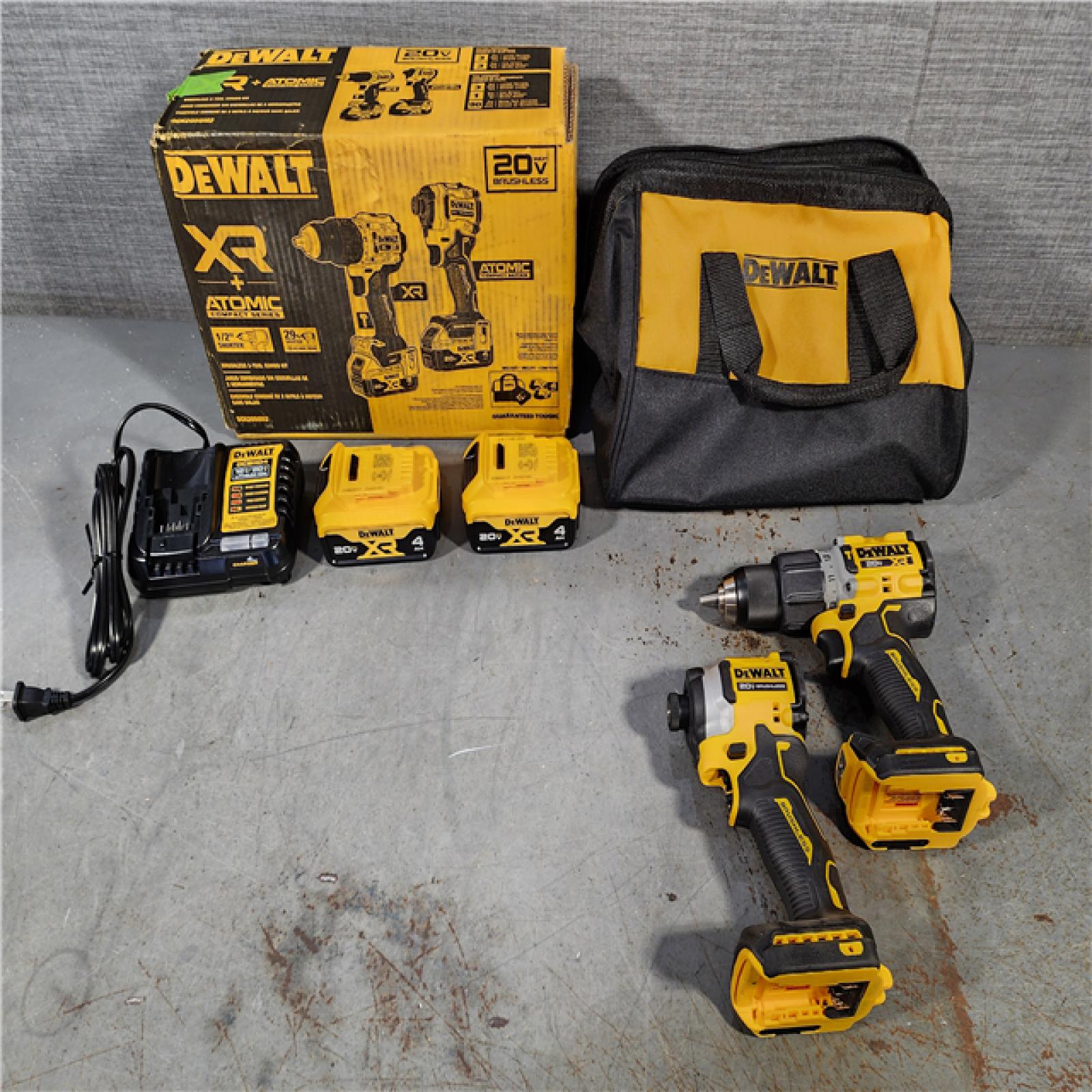 HOUSTON LOCATION - AS-IS DEWALT 20V MAX XR Hammer Drill and ATOMIC Impact Driver 2 Tool Cordless Combo Kit with (2) 4.0Ah Batteries, Charger, and Bag