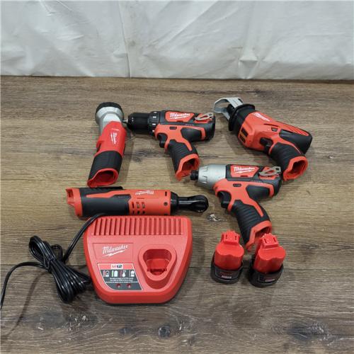 AS-IS MILWAUKEE M12 12V Lithium-Ion Cordless Combo Kit (5-Tool) with Two 1.5Ah Batteries, Charger & Tool Bag