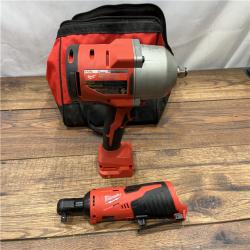 AS IS MILWAWKEE M12/M18 12/18V Lithium-Ion Cordless 3/8 in. Ratchet and 1/2 in. High Torque Impact Wrench with Friction Ring Combo Kit