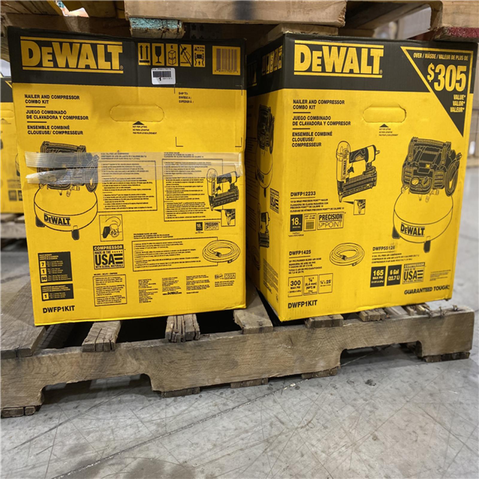 DALLAS LOCATION - NEW! DEWALT 6 Gal. 18-Gauge Brad Nailer and Heavy-Duty Pancake Electric Air Compressor Combo Kit PALLET -(4 UNITS)