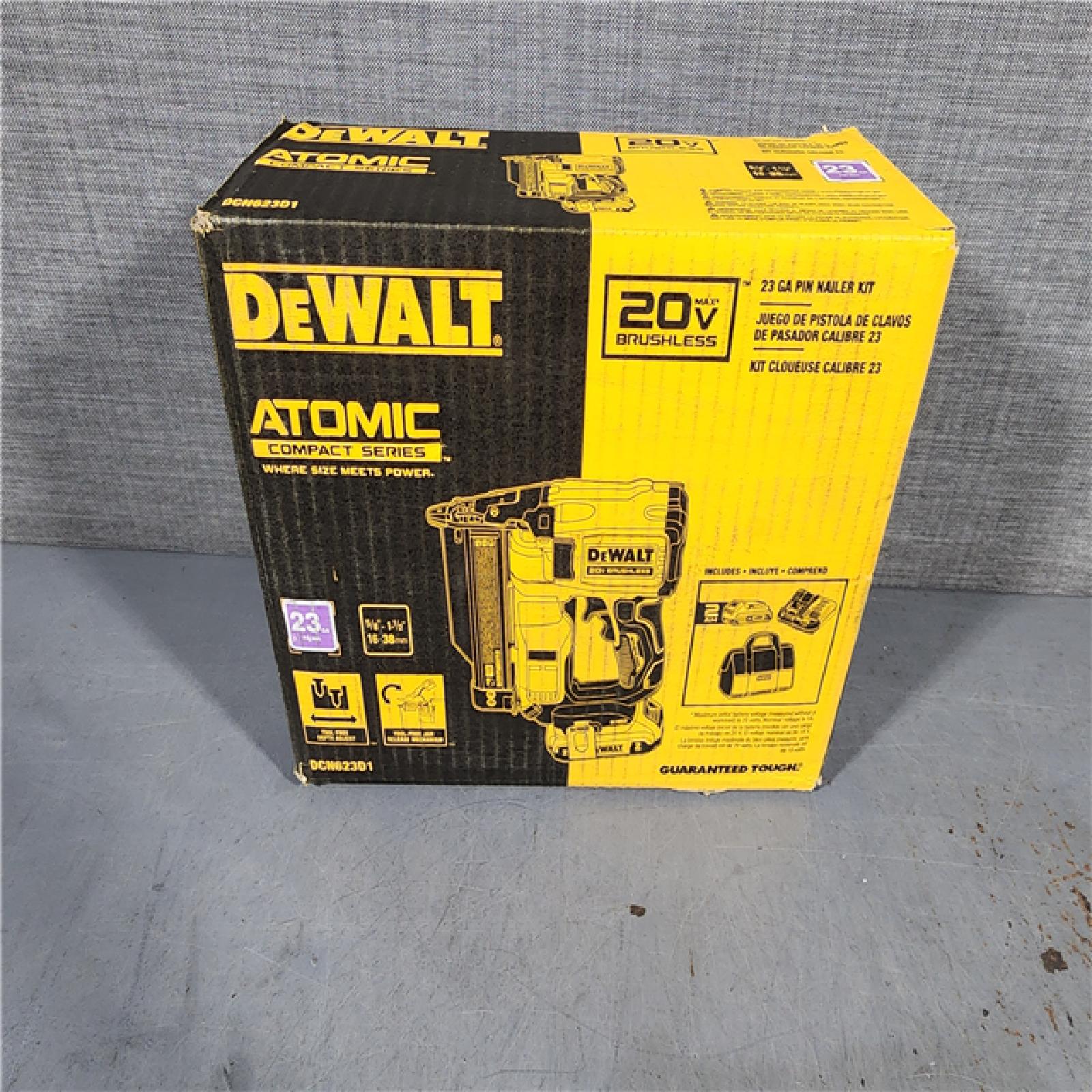 HOUSTON LOCATION - AS-IS DEWALT ATOMIC 20V MAX Lithium Ion Cordless 23 Gauge Pin Nailer Kit with 2.0Ah Battery and Charger