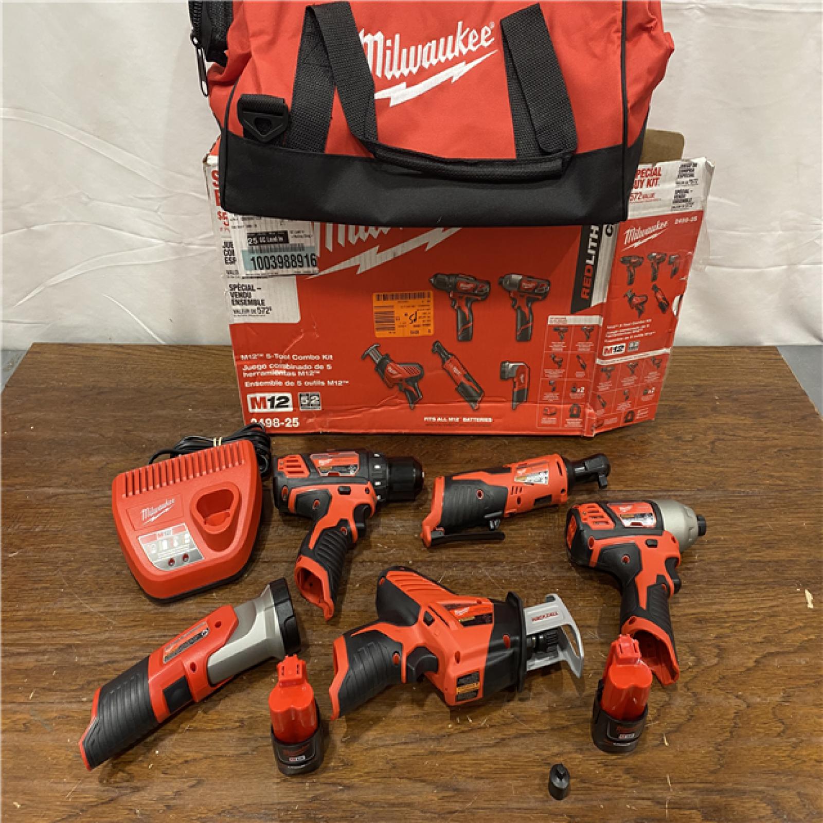 AS-IS MILWAUKEE M12 12V Lithium-Ion Cordless Combo Kit (5-Tool) with Two 1.5Ah Batteries, Charger & Tool Bag