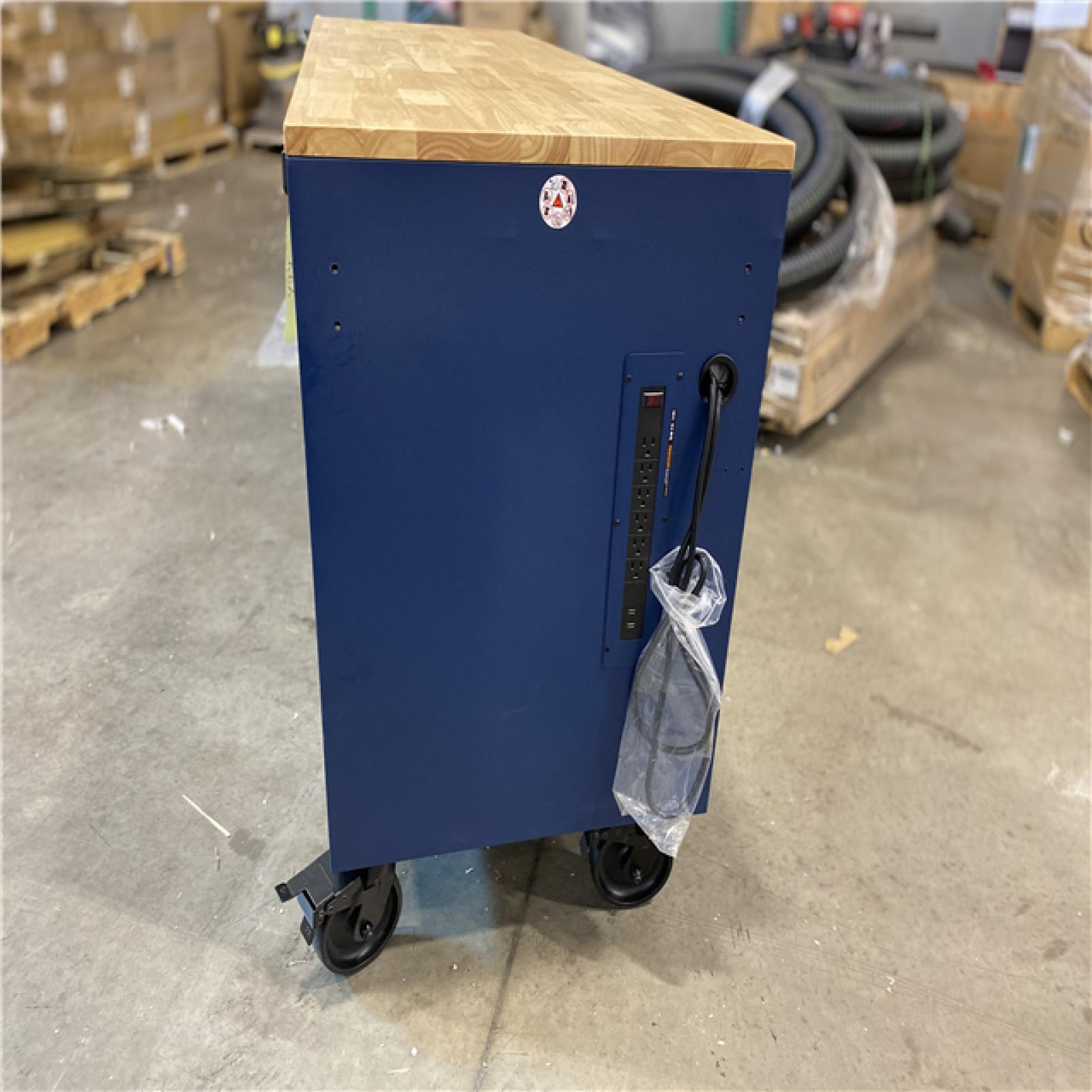 DALLAS LOCATION - Husky Tool Storage 72 in. W Heavy Duty Matte Blue Mobile Workbench Cabinet Adjustable Height Solid Wood Top