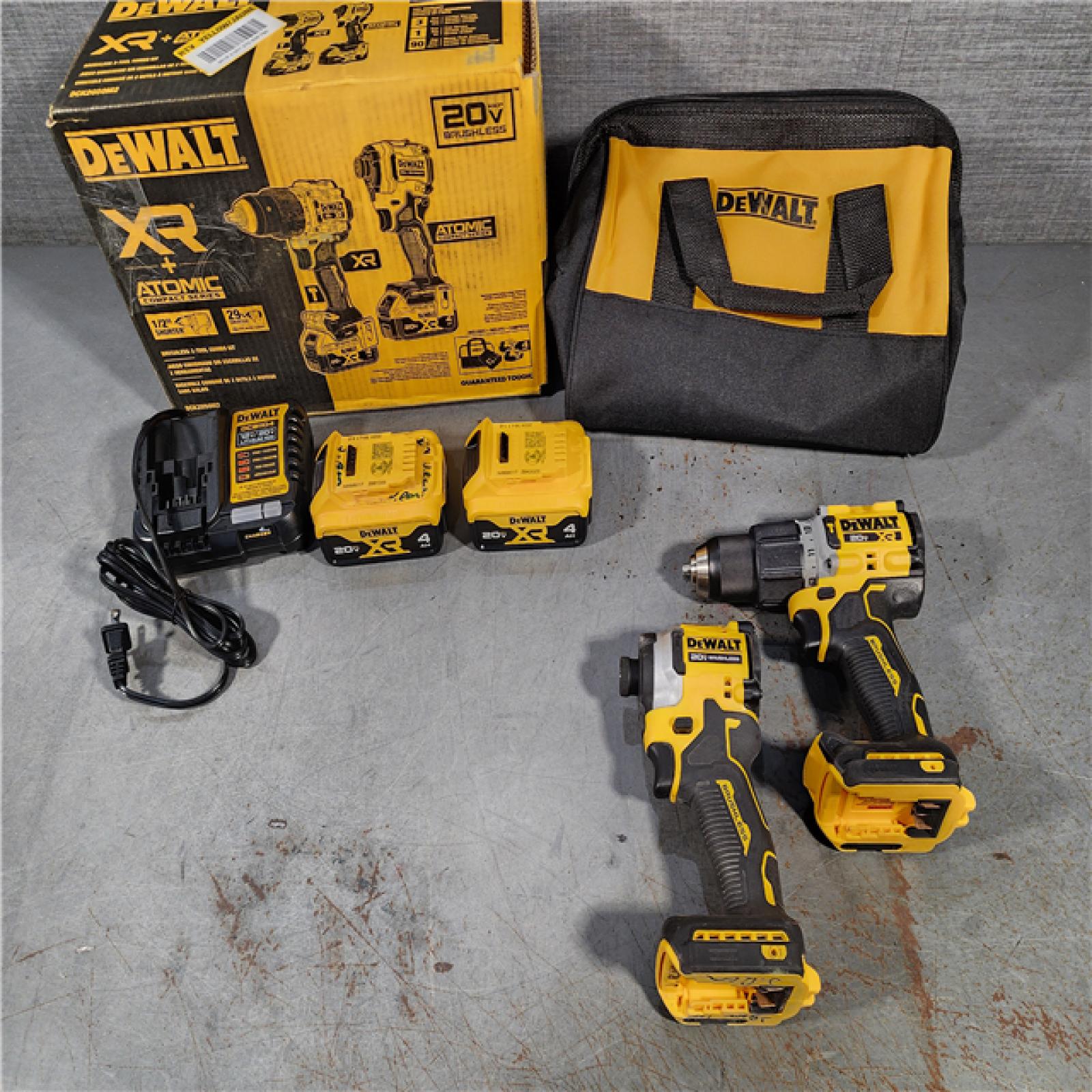 HOUSTON LOCATION - AS-IS DEWALT 20V MAX XR Hammer Drill and ATOMIC Impact Driver 2 Tool Cordless Combo Kit with (2) 4.0Ah Batteries, Charger, and Bag