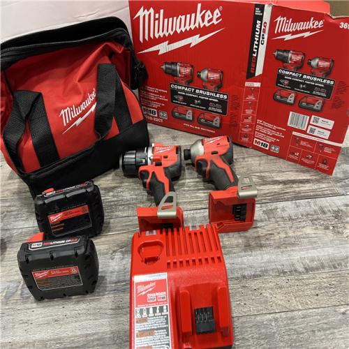 AS-IS MILWAUKEE M18 18V Lithium-Ion Brushless Cordless Compact Drill/Impact Combo Kit (2-Tool) W/(2) 2.0 Ah Batteries, Charger & Bag