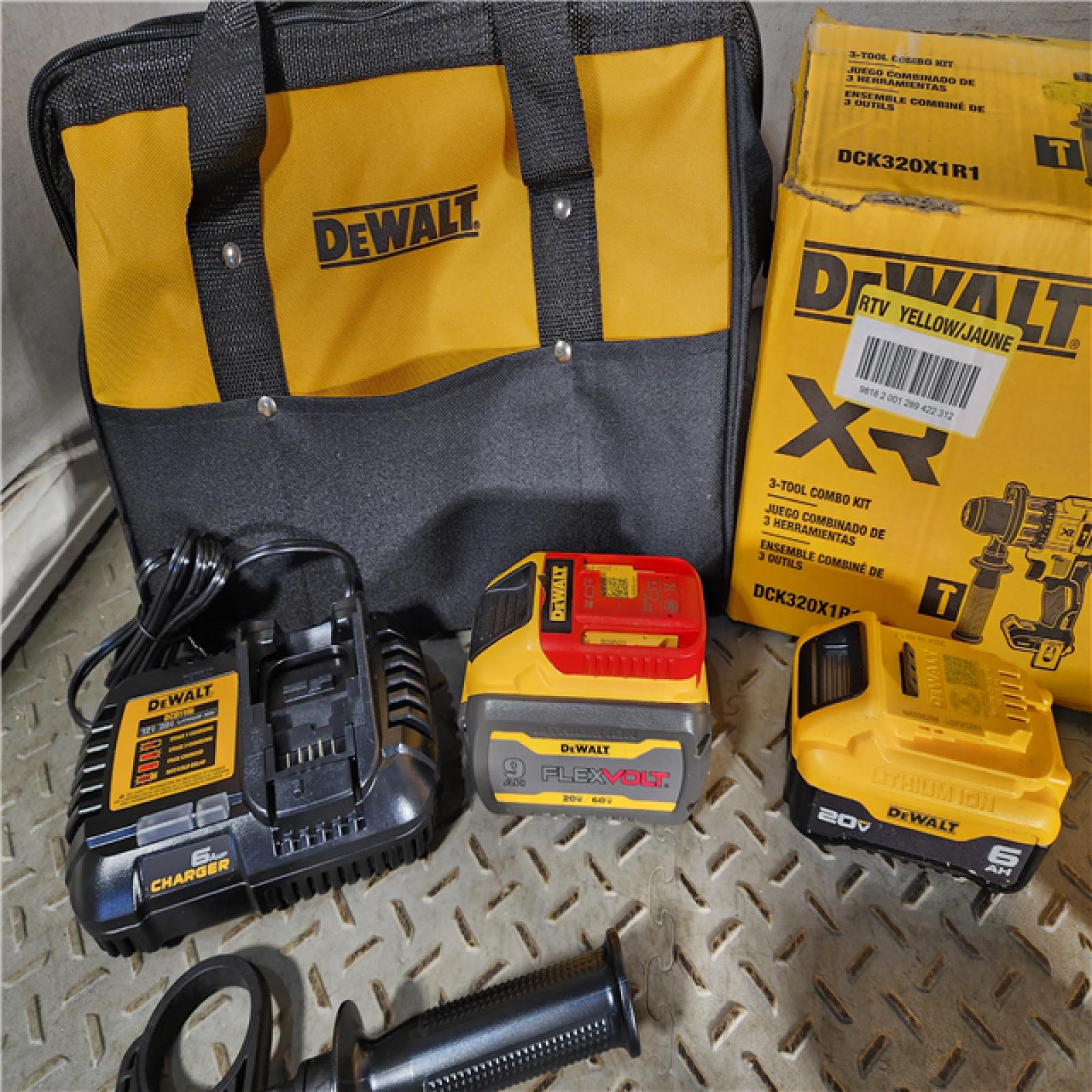 HOUSTON LOCATION - AS-IS (APPEARS LIKE NEW) DEWALT 20-Volt Lithium-Ion Cordless 3-Tool Combo Kit with FLEXVOLT 9 Ah and 20V 6 Ah Batteries and Charger