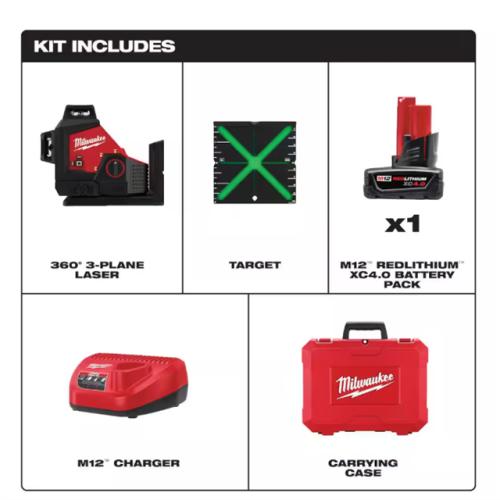 NEW! - Milwaukee M12 12-Volt Lithium-Ion Cordless Green 250 ft. 3-Plane Laser Level Kit with One 4.0 Ah Battery, Charger and Case