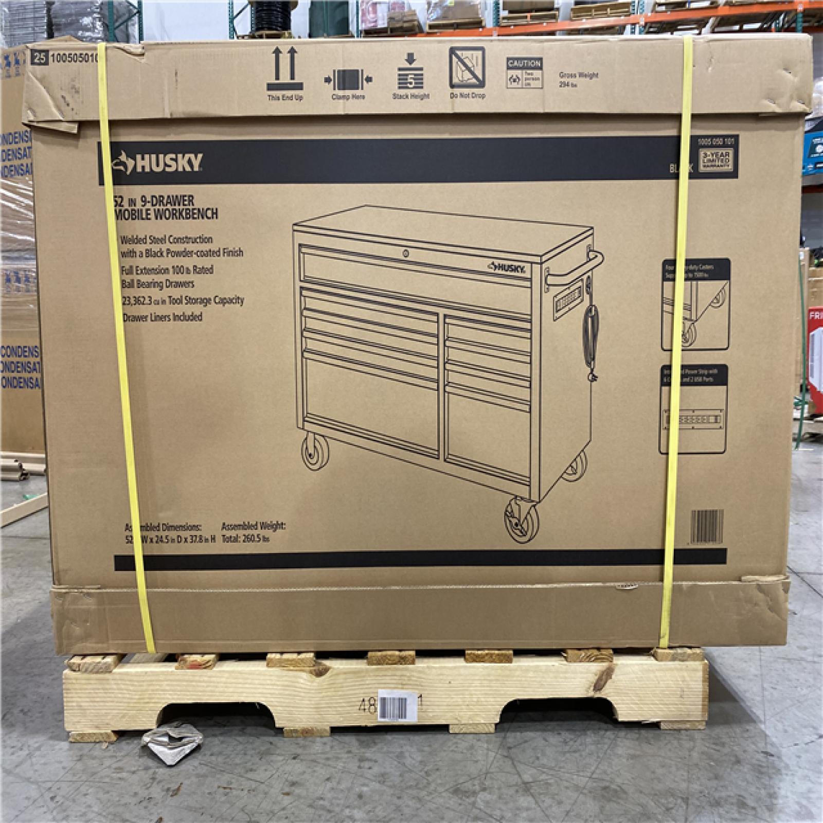 DALLAS LOCATION - Husky 52 in. W x 25 in. D Standard Duty 9-Drawer Mobile Workbench Tool Chest with Solid Wood Top in Gloss Black