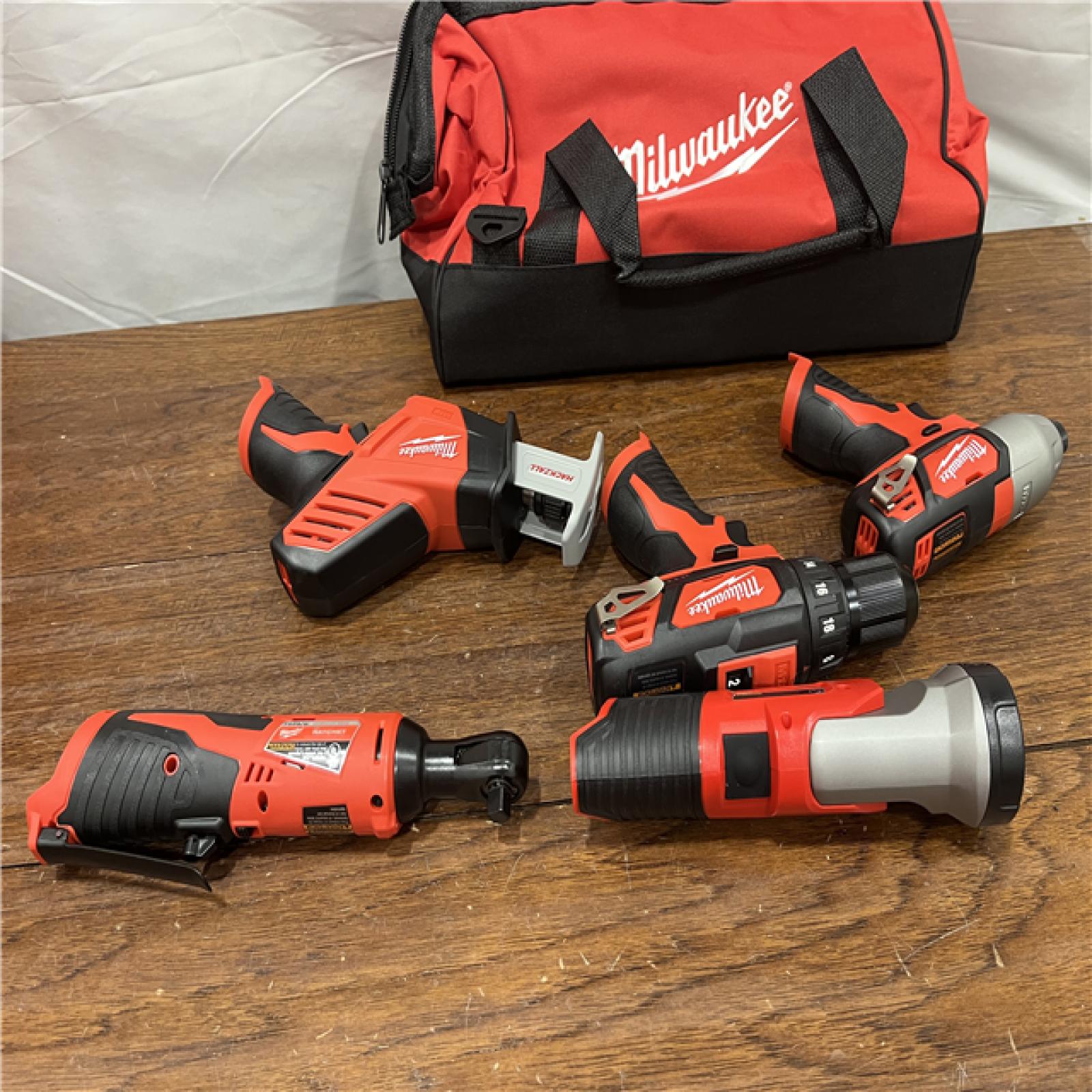 AS-IS MILWAUKEE M12 12V Lithium-Ion Cordless Combo Kit (5-Tool) with Two 1.5Ah Batteries, Charger & Tool Bag