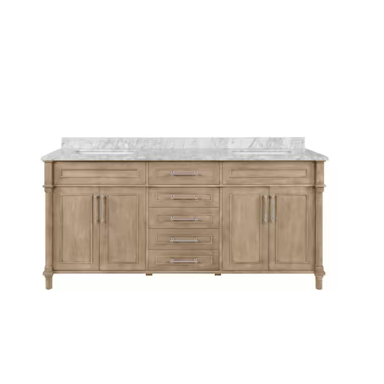 DALLAS LOCATION - Home Decorators Collection Aberdeen 72 in. Double Sink Antique Oak Bath Vanity with Carrara Marble Top (Assembled)