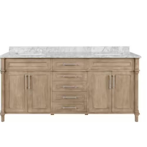 DALLAS LOCATION - Home Decorators Collection Aberdeen 72 in. Double Sink Antique Oak Bath Vanity with Carrara Marble Top (Assembled)