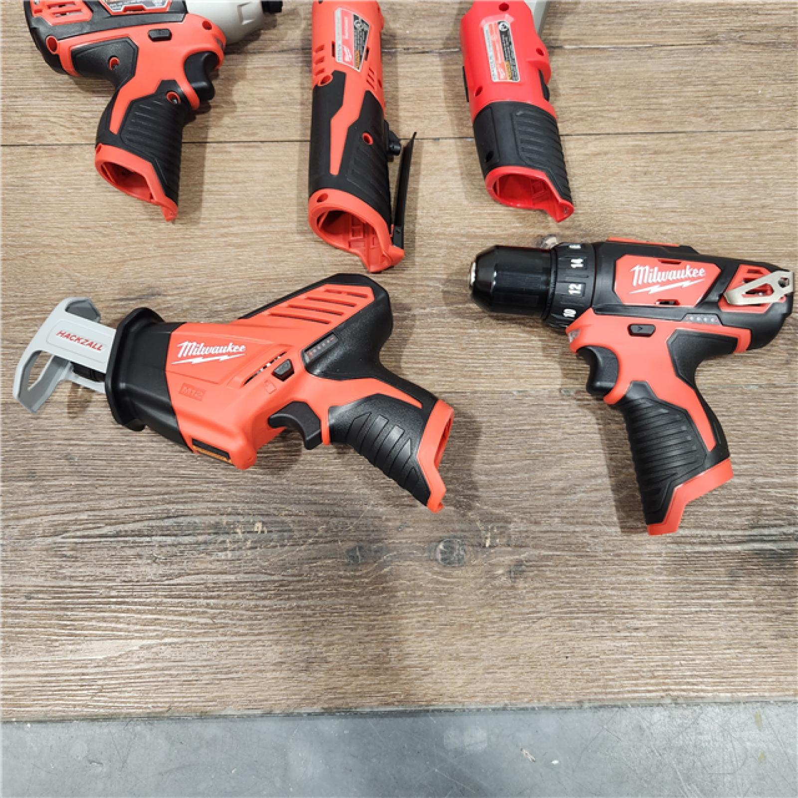 AS-IS MILWAUKEE M12 12V Lithium-Ion Cordless Combo Kit (5-Tool) with Two 1.5Ah Batteries, Charger & Tool Bag