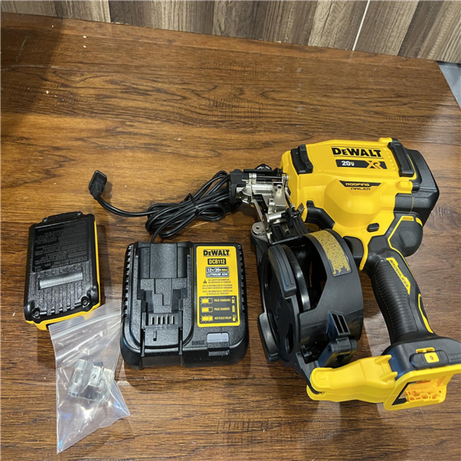 AS-IS DEWALT 20V MAX Lithium-Ion 15-Degree Electric Cordless Roofing Nailer Kit with 2.0Ah Battery Charger and Bag