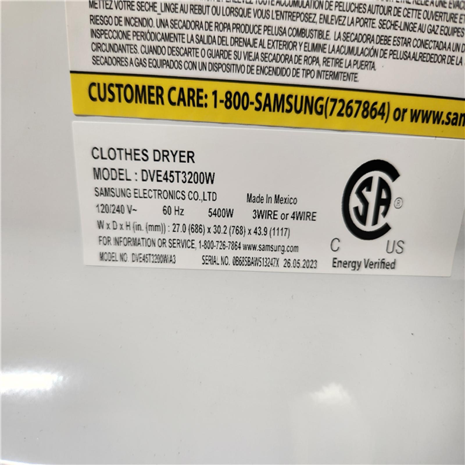 Phoenix Location NEW Samsung 7.2 cu. ft. Vented Electric Dryer with Sensor Dry in White DVE45T3200W