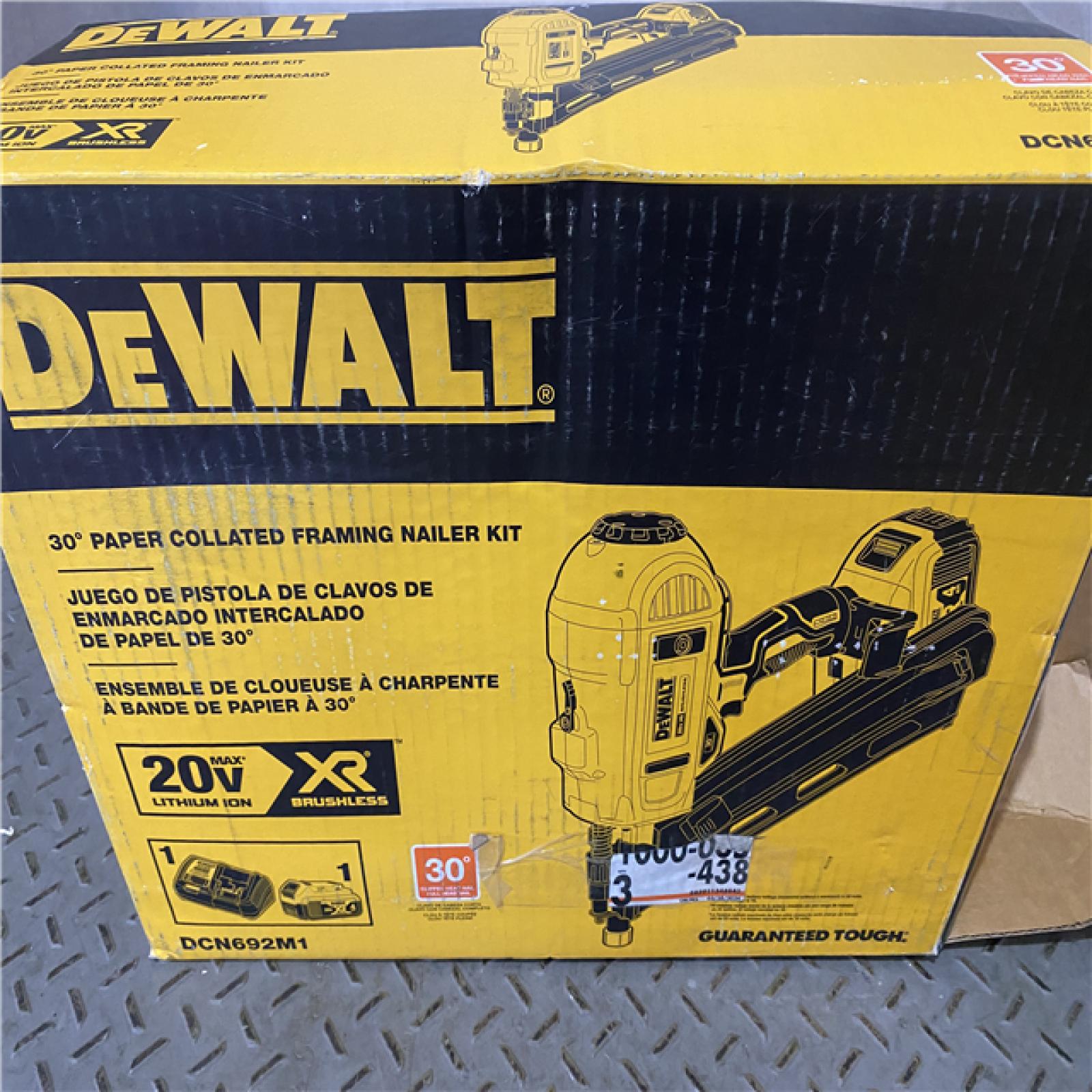 Houston location AS-IS DEWALT  20V Li-Ion Cordless Brushless 2-Speed 30Â° Paper Collated Framing Nailer Kit DCN692M1