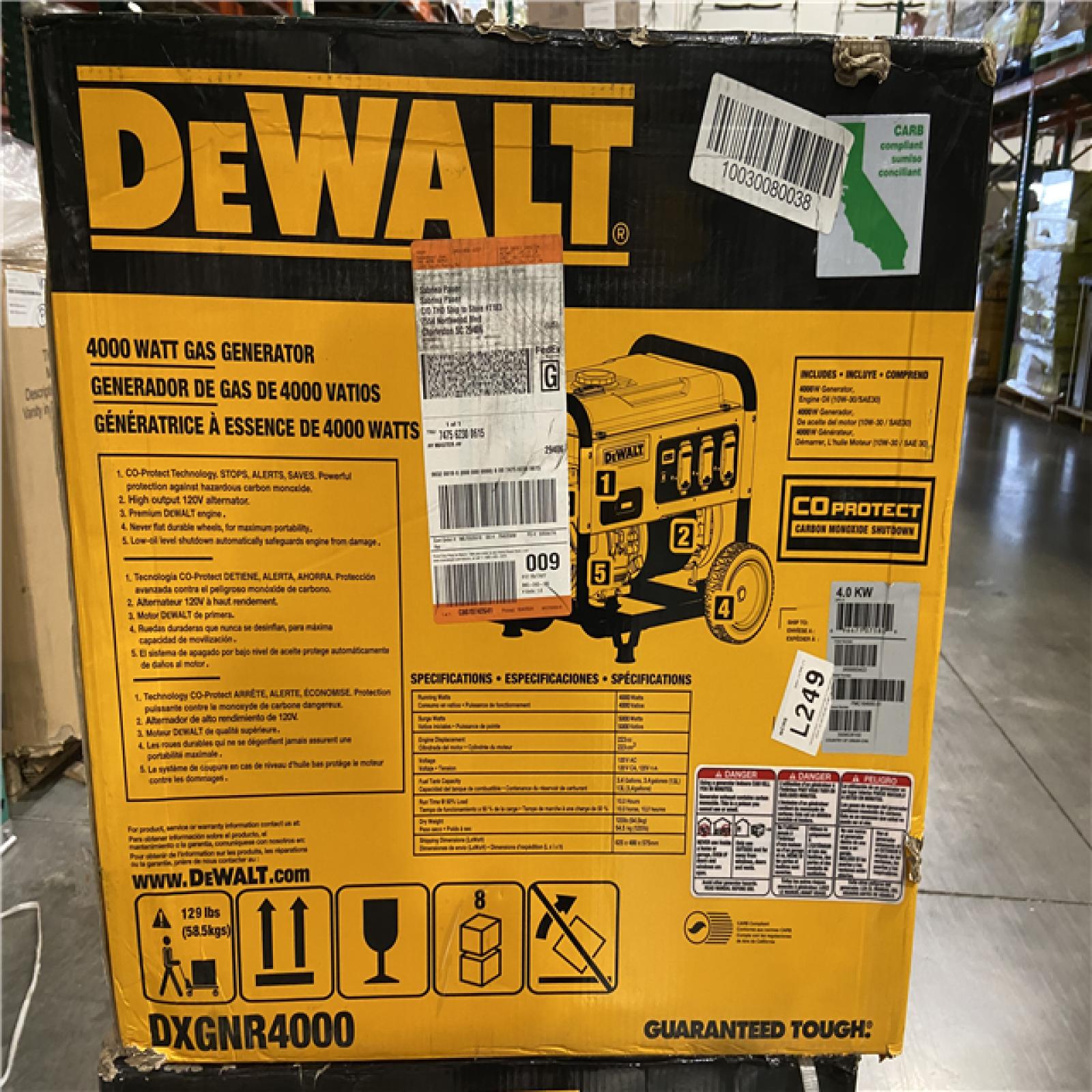 DALLAS LOCATION - NEW! DEWALT 4000-Watt Manual Start Gas-Powered Portable Generator with Premium Engine, Covered Outlets and CO Protect