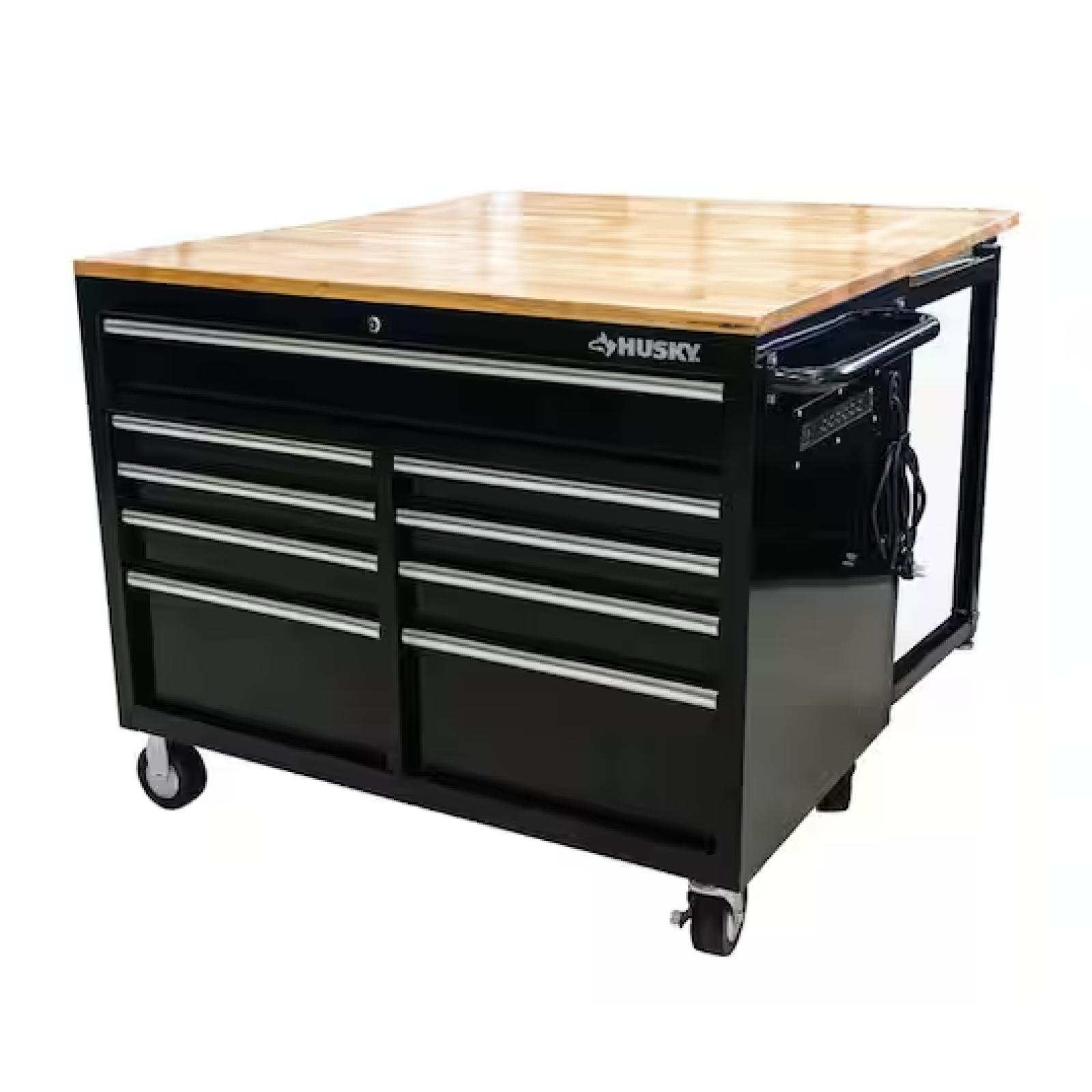 DALLAS LOCATION - Husky Tool Storage 46 in. W x 51 in. D Standard Duty Black Mobile Workbench Cabinet with Solid Top Full Length Extension Table