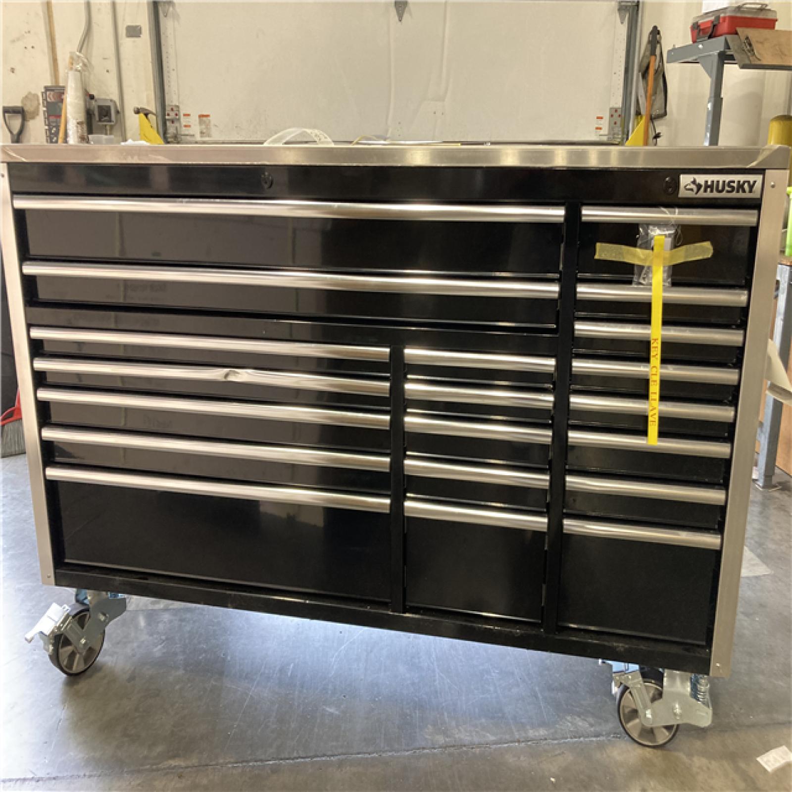 DALLAS LOCATION - Husky Tool Storage 72 in. W x 25 in. D Professional Duty Black Mobile Workbench Cabinet with Stainless Steel Top