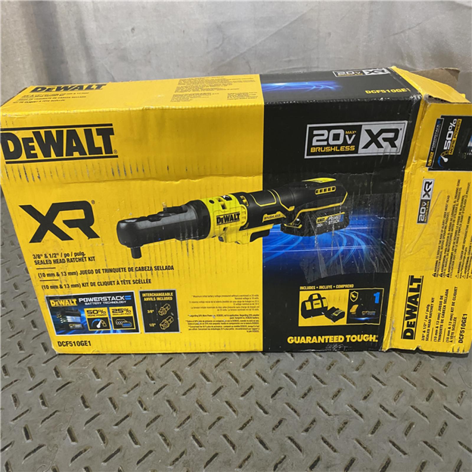 Houston location AS-IS DeWalt DEWALT 20V MAX* XR 3/8  and 1/2  Sealed Head Ratchet Kit with DEWALT POWERSTACK