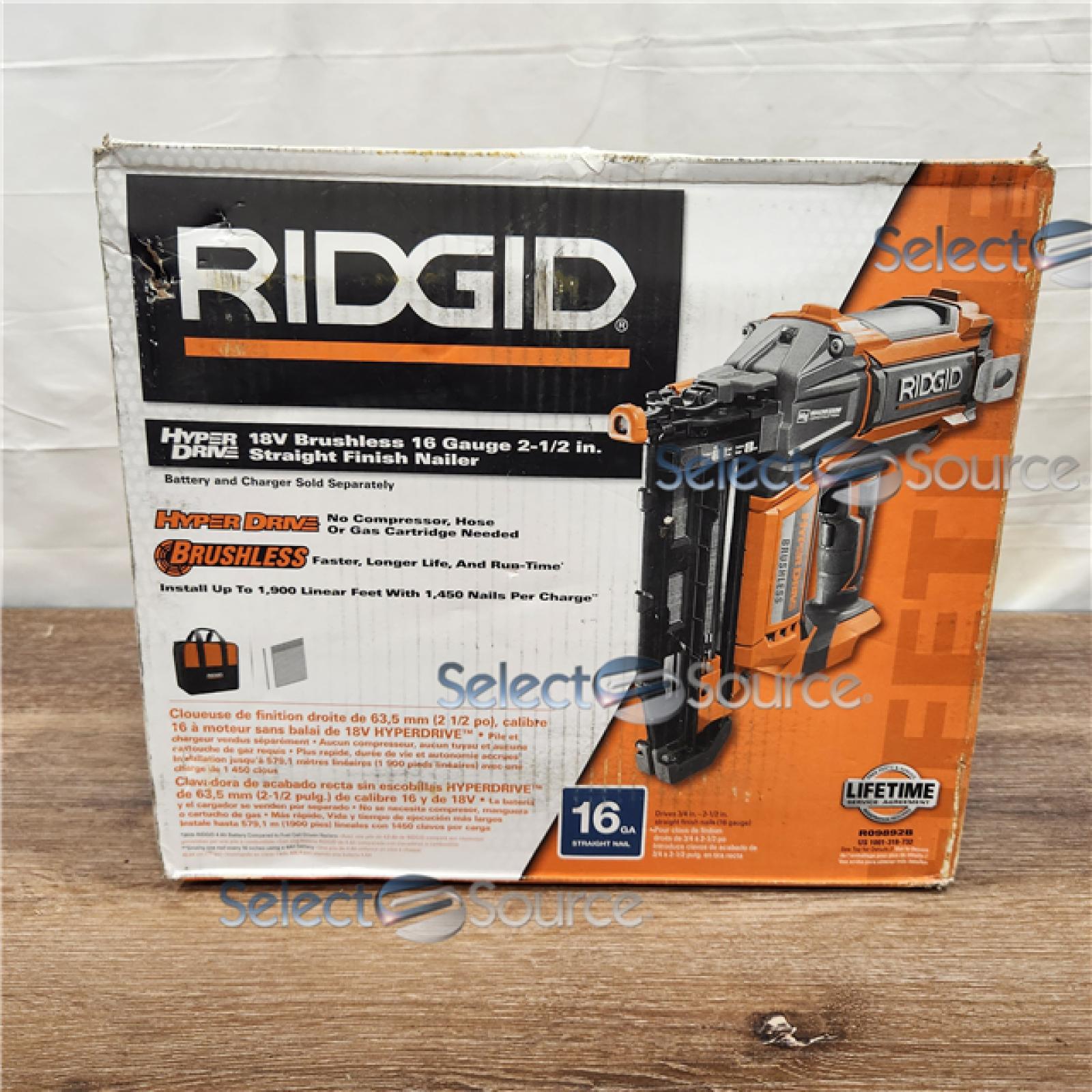 AS-IS RIDGID 18-Volt Cordless Brushless HYPERDRIVE 16-Gauge 2-1/2 in. Straight Finish Nailer(Tool Only), Belt Clip, Bag, Sample Nails