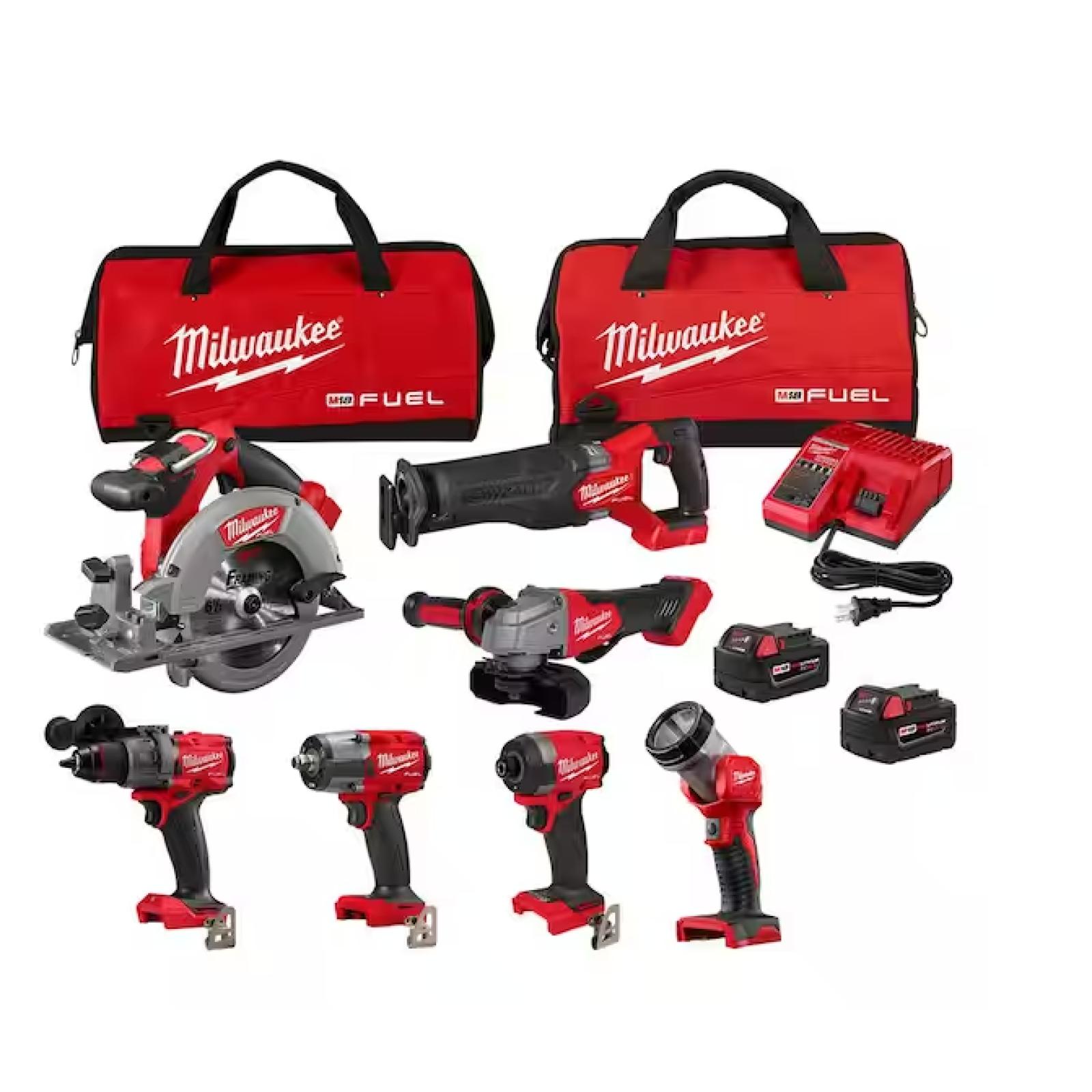 NEW! -Milwaukee M18 FUEL 18V Lithium-Ion Brushless Cordless Combo Kit with Two 5.0 Ah Batteries, 1 Charger, 2 Tool Bags (7-Tool)