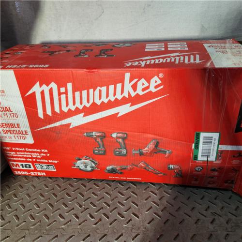 Houston location AS-IS MILUWAKEE M18 18-Volt Lithium-Ion Cordless Combo Kit 7-Tool with 2-Batteries, Charger and Tool Bag