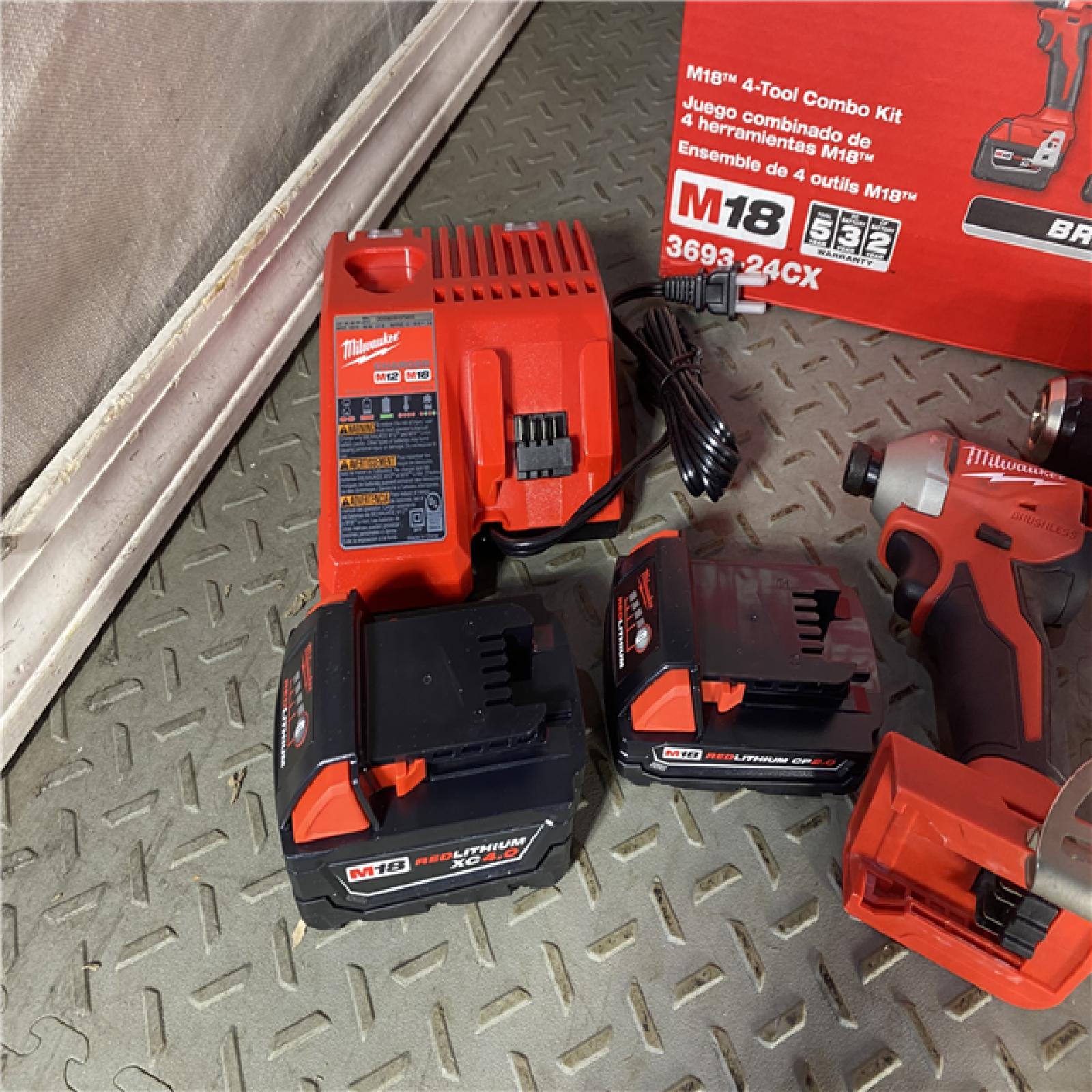 HOUSTON LOCATION - AS-IS M18 18-Volt Lithium-Ion Brushless Cordless Combo Kit (4-Tool) with 2-Batteries, 1-Charger and Tool Bag