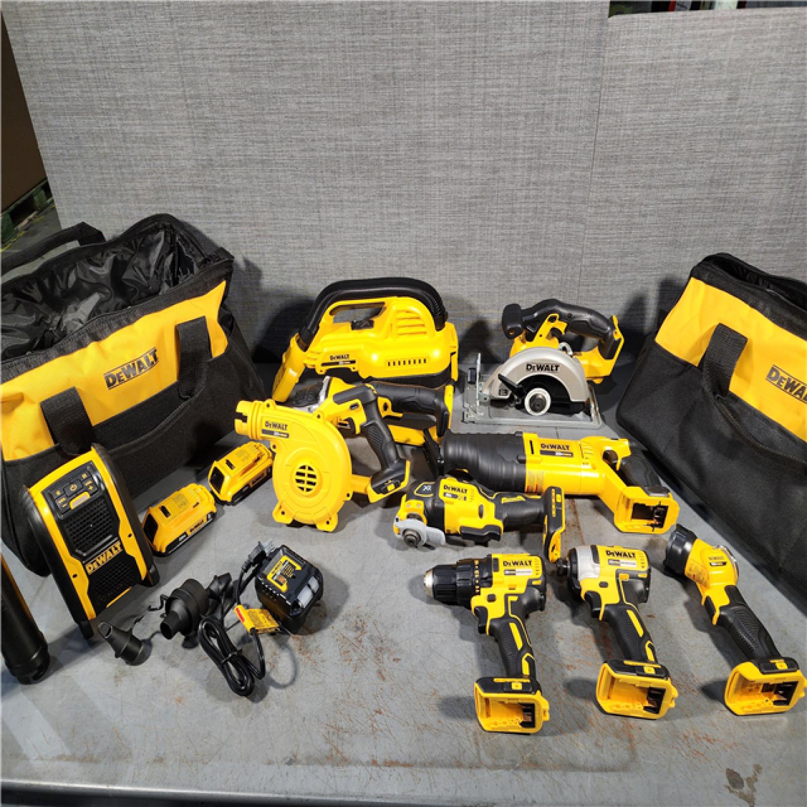 HOUSTON LOCATION - AS-IS (APPEARS LIKE NEW) DEWALT 20-Volt Max Lithium-Ion 10-Tool Cordless Combo Kit with Two 2.0 Ah Batteries, Charger and 2 Bags