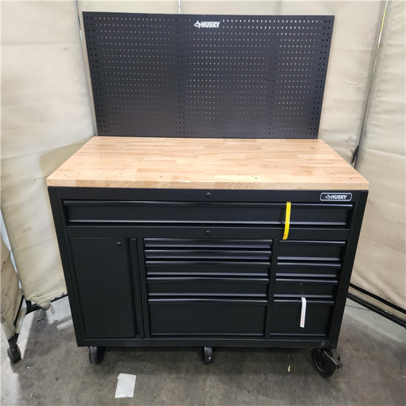 California AS-IS Husky 61 IN.10 Drawer 1 Door 24 IN. D MOBILE WORKBENCH WITH PEGBOARD AND SHELF