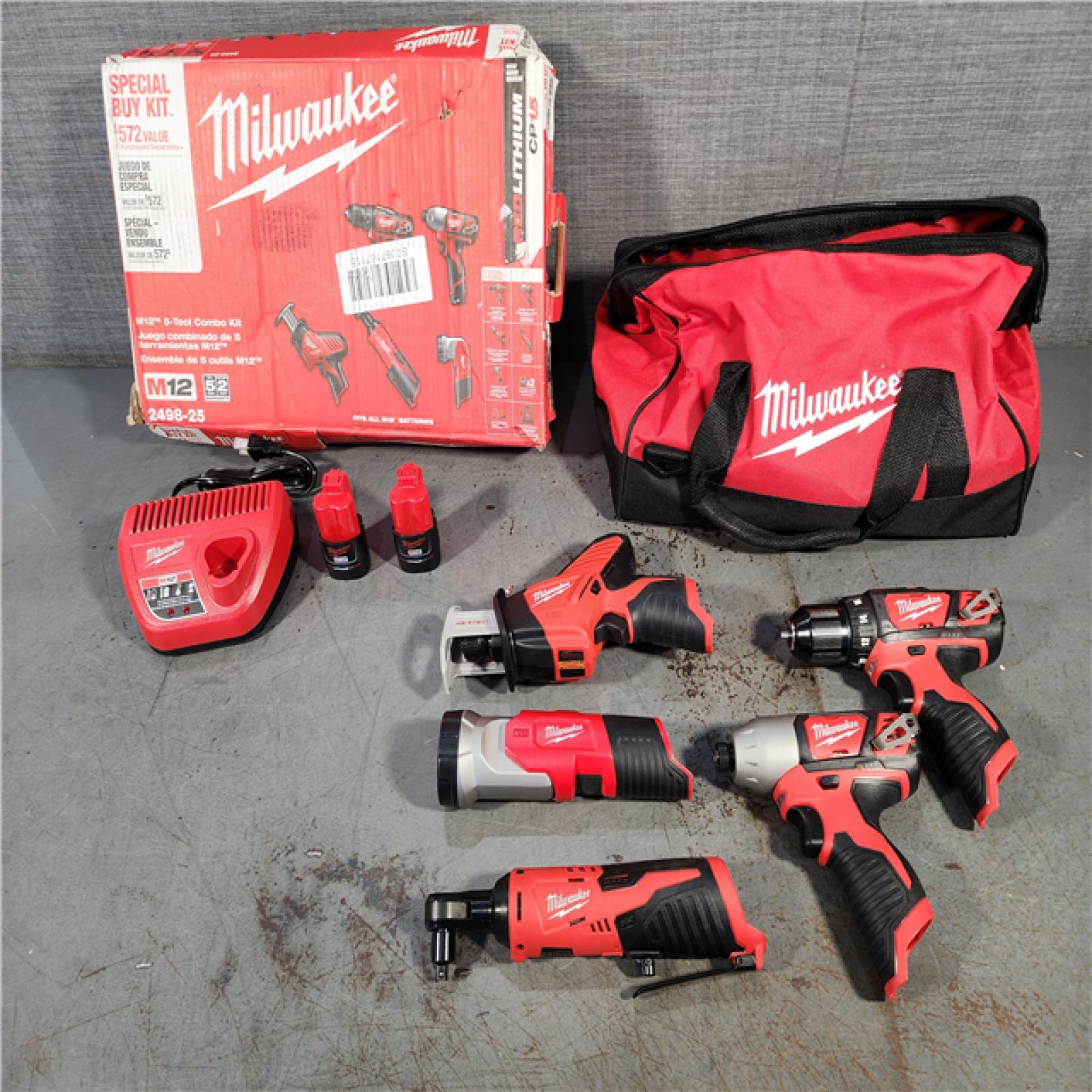 HOUSTON LOCATION - AS-IS MILWAUKEE M12 12V Lithium-Ion Cordless Combo Kit (5-Tool) with Two 1.5Ah Batteries, Charger & Tool Bag