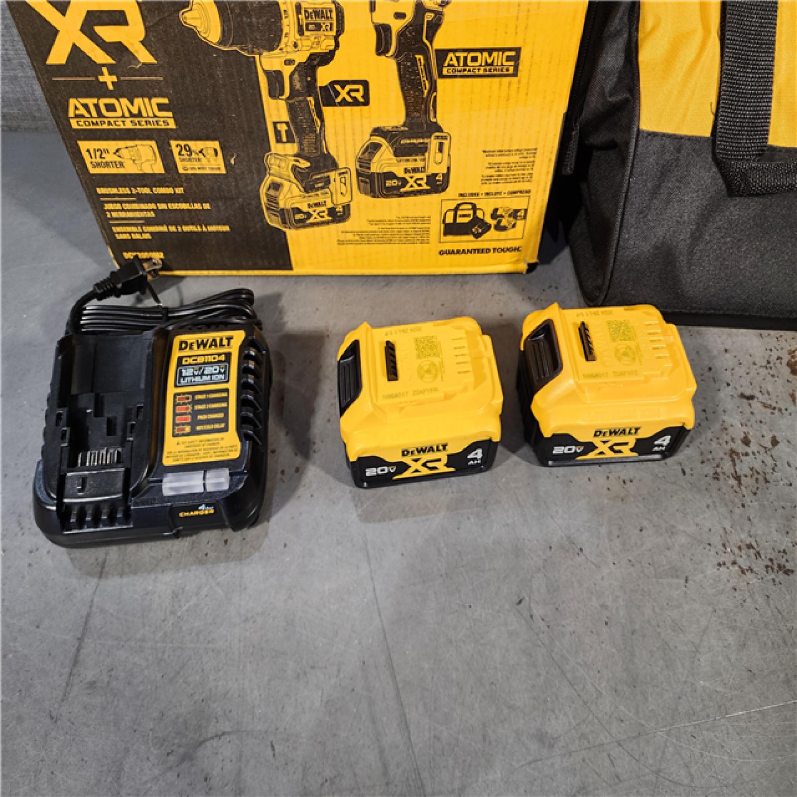 HOUSTON LOCATION - AS-IS (APPEARS LIKE NEW) DEWALT 20V MAX XR Hammer Drill and ATOMIC Impact Driver 2 Tool Cordless Combo Kit with (2) 4.0Ah Batteries, Charger, and Bag