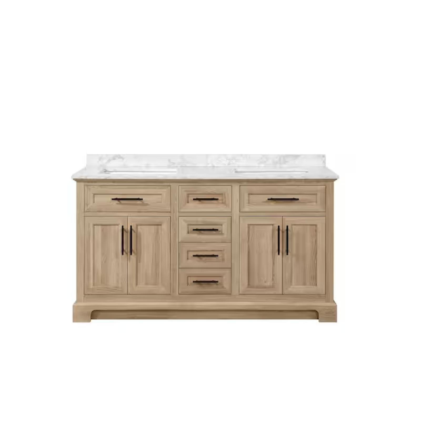 DALLAS LOCATION - Home Decorators Collection Doveton 60 in. Double Sink Freestanding Weathered Tan Bath Vanity with White Engineered Marble Top (Assembled)