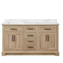 DALLAS LOCATION - Home Decorators Collection Doveton 60 in. Double Sink Freestanding Weathered Tan Bath Vanity with White Engineered Marble Top (Assembled)